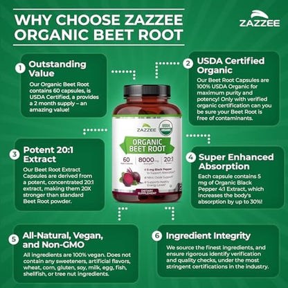 Zazzee USDA Bio Rote Bete 20:1 Extrakt, 60 vegane Kapseln, 2 Monate Vorrat, Stickoxid-Unterstützung, mit Schwarzem Pfeffer Extrakt, Koscher, Nicht-GVO, Hergestellt in den USA