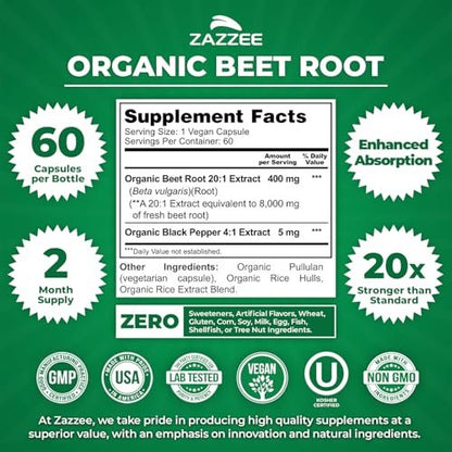 Zazzee USDA Bio Rote Bete 20:1 Extrakt, 60 vegane Kapseln, 2 Monate Vorrat, Stickoxid-Unterstützung, mit Schwarzem Pfeffer Extrakt, Koscher, Nicht-GVO, Hergestellt in den USA