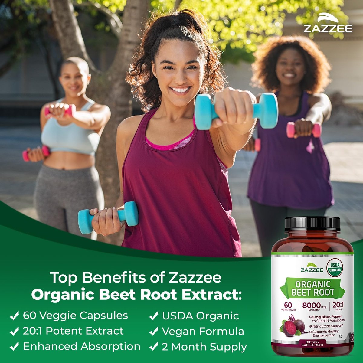 Zazzee USDA Bio Rote Bete 20:1 Extrakt, 60 vegane Kapseln, 2 Monate Vorrat, Stickoxid-Unterstützung, mit Schwarzem Pfeffer Extrakt, Koscher, Nicht-GVO, Hergestellt in den USA