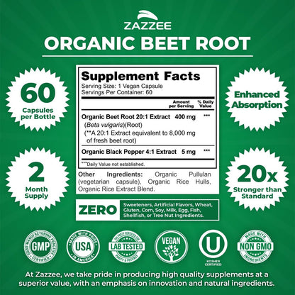 Zazzee USDA Bio Rote Bete 20:1 Extrakt, 60 vegane Kapseln, 2 Monate Vorrat, Stickoxid-Unterstützung, mit Schwarzem Pfeffer Extrakt, Koscher, Nicht-GVO, Hergestellt in den USA