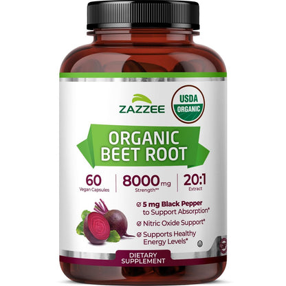 Zazzee USDA Bio Rote Bete 20:1 Extrakt, 60 vegane Kapseln, 2 Monate Vorrat, Stickoxid-Unterstützung, mit Schwarzem Pfeffer Extrakt, Koscher, Nicht-GVO, Hergestellt in den USA