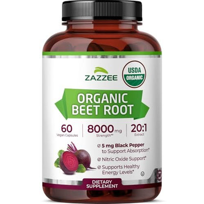 Zazzee USDA Bio Rote Bete 20:1 Extrakt, 60 vegane Kapseln, 2 Monate Vorrat, Stickoxid-Unterstützung, mit Schwarzem Pfeffer Extrakt, Koscher, Nicht-GVO, Hergestellt in den USA