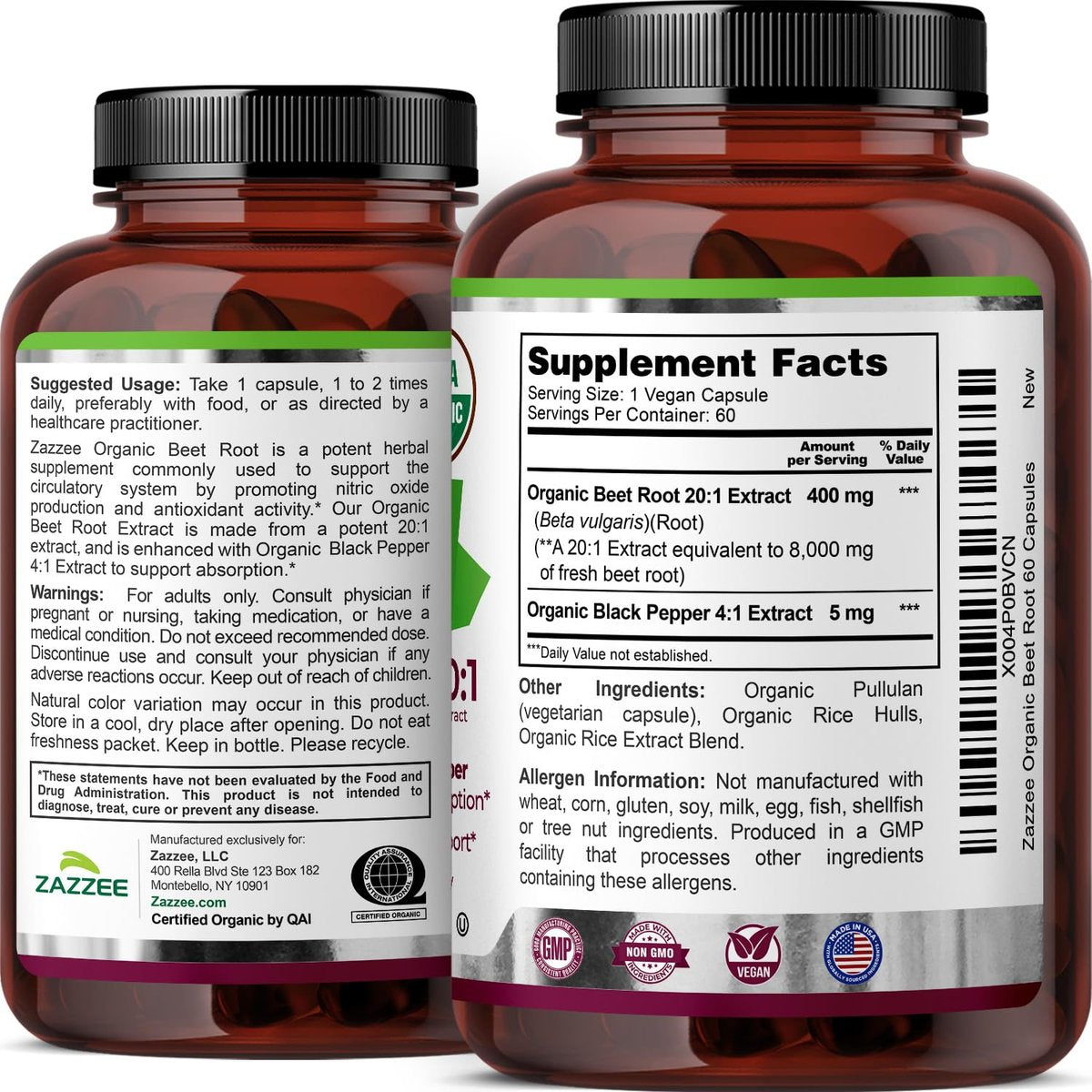 Zazzee USDA Bio Rote Bete 20:1 Extrakt, 60 vegane Kapseln, 2 Monate Vorrat, Stickoxid-Unterstützung, mit Schwarzem Pfeffer Extrakt, Koscher, Nicht-GVO, Hergestellt in den USA