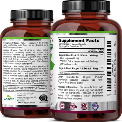Zazzee USDA Bio Rote Bete 20:1 Extrakt, 60 vegane Kapseln, 2 Monate Vorrat, Stickoxid-Unterstützung, mit Schwarzem Pfeffer Extrakt, Koscher, Nicht-GVO, Hergestellt in den USA