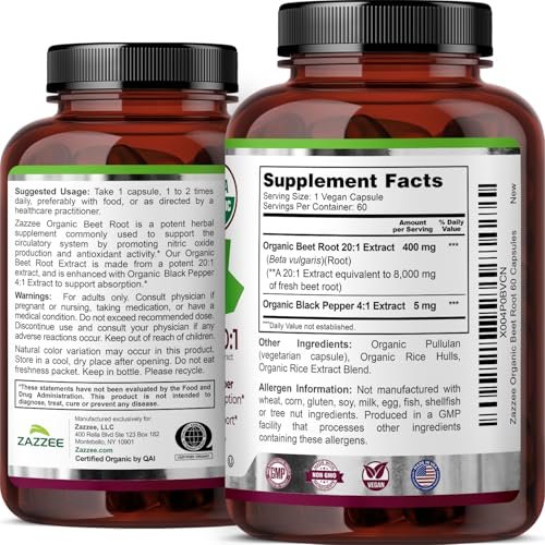 Zazzee USDA Bio Rote Bete 20:1 Extrakt, 60 vegane Kapseln, 2 Monate Vorrat, Stickoxid-Unterstützung, mit Schwarzem Pfeffer Extrakt, Koscher, Nicht-GVO, Hergestellt in den USA