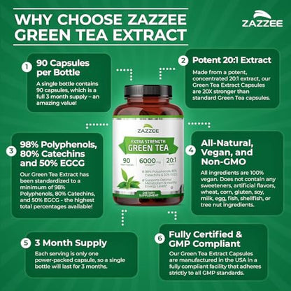 Zazzee Extra Stark Grüntee 20:1 Extrakt, 50% EGCG, 98% Polyphenole, 80% Catechine, 90 vegane Kapseln, 3-Monats-Vorrat, zertifiziert koscher, Antioxidans & Stoffwechselunterstützung, Nicht-GVO, Hergestellt in den USA
