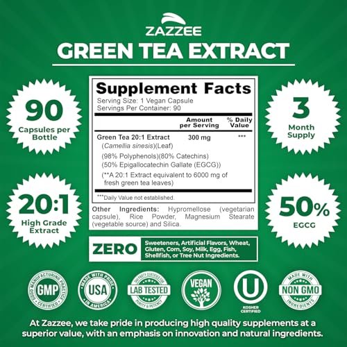Zazzee Extra Stark Grüntee 20:1 Extrakt, 50% EGCG, 98% Polyphenole, 80% Catechine, 90 vegane Kapseln, 3-Monats-Vorrat, zertifiziert koscher, Antioxidans & Stoffwechselunterstützung, Nicht-GVO, Hergestellt in den USA