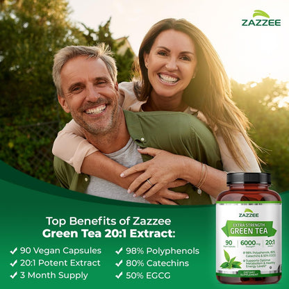 Zazzee Extra Stark Grüntee 20:1 Extrakt, 50% EGCG, 98% Polyphenole, 80% Catechine, 90 vegane Kapseln, 3-Monats-Vorrat, zertifiziert koscher, Antioxidans & Stoffwechselunterstützung, Nicht-GVO, Hergestellt in den USA