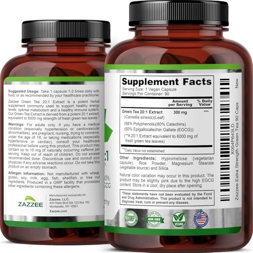 Zazzee Extra Stark Grüntee 20:1 Extrakt, 50% EGCG, 98% Polyphenole, 80% Catechine, 90 vegane Kapseln, 3-Monats-Vorrat, zertifiziert koscher, Antioxidans & Stoffwechselunterstützung, Nicht-GVO, Hergestellt in den USA