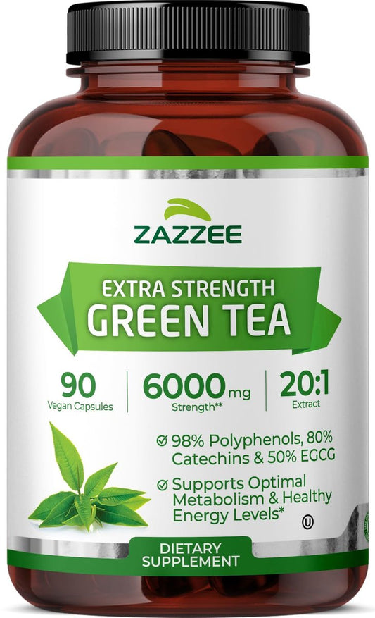 Zazzee Extra Stark Grüntee 20:1 Extrakt, 50% EGCG, 98% Polyphenole, 80% Catechine, 90 vegane Kapseln, 3-Monats-Vorrat, zertifiziert koscher, Antioxidans & Stoffwechselunterstützung, Nicht-GVO, Hergestellt in den USA