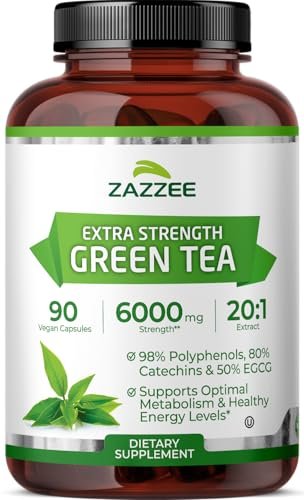 Zazzee Extra Stark Grüntee 20:1 Extrakt, 50% EGCG, 98% Polyphenole, 80% Catechine, 90 vegane Kapseln, 3-Monats-Vorrat, zertifiziert koscher, Antioxidans & Stoffwechselunterstützung, Nicht-GVO, Hergestellt in den USA