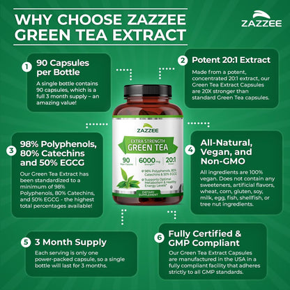 Zazzee Extra Stark Grüntee 20:1 Extrakt, 50% EGCG, 98% Polyphenole, 80% Catechine, 90 vegane Kapseln, 3-Monats-Vorrat, zertifiziert koscher, Antioxidans & Stoffwechselunterstützung, Nicht-GVO, Hergestellt in den USA