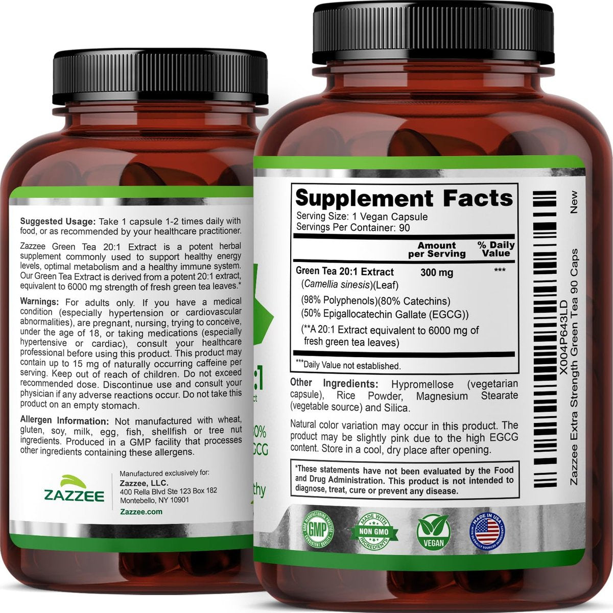 Zazzee Extra Stark Grüntee 20:1 Extrakt, 50% EGCG, 98% Polyphenole, 80% Catechine, 90 vegane Kapseln, 3-Monats-Vorrat, zertifiziert koscher, Antioxidans & Stoffwechselunterstützung, Nicht-GVO, Hergestellt in den USA