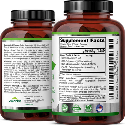 Zazzee Extra Stark Grüntee 20:1 Extrakt, 50% EGCG, 98% Polyphenole, 80% Catechine, 90 vegane Kapseln, 3-Monats-Vorrat, zertifiziert koscher, Antioxidans & Stoffwechselunterstützung, Nicht-GVO, Hergestellt in den USA