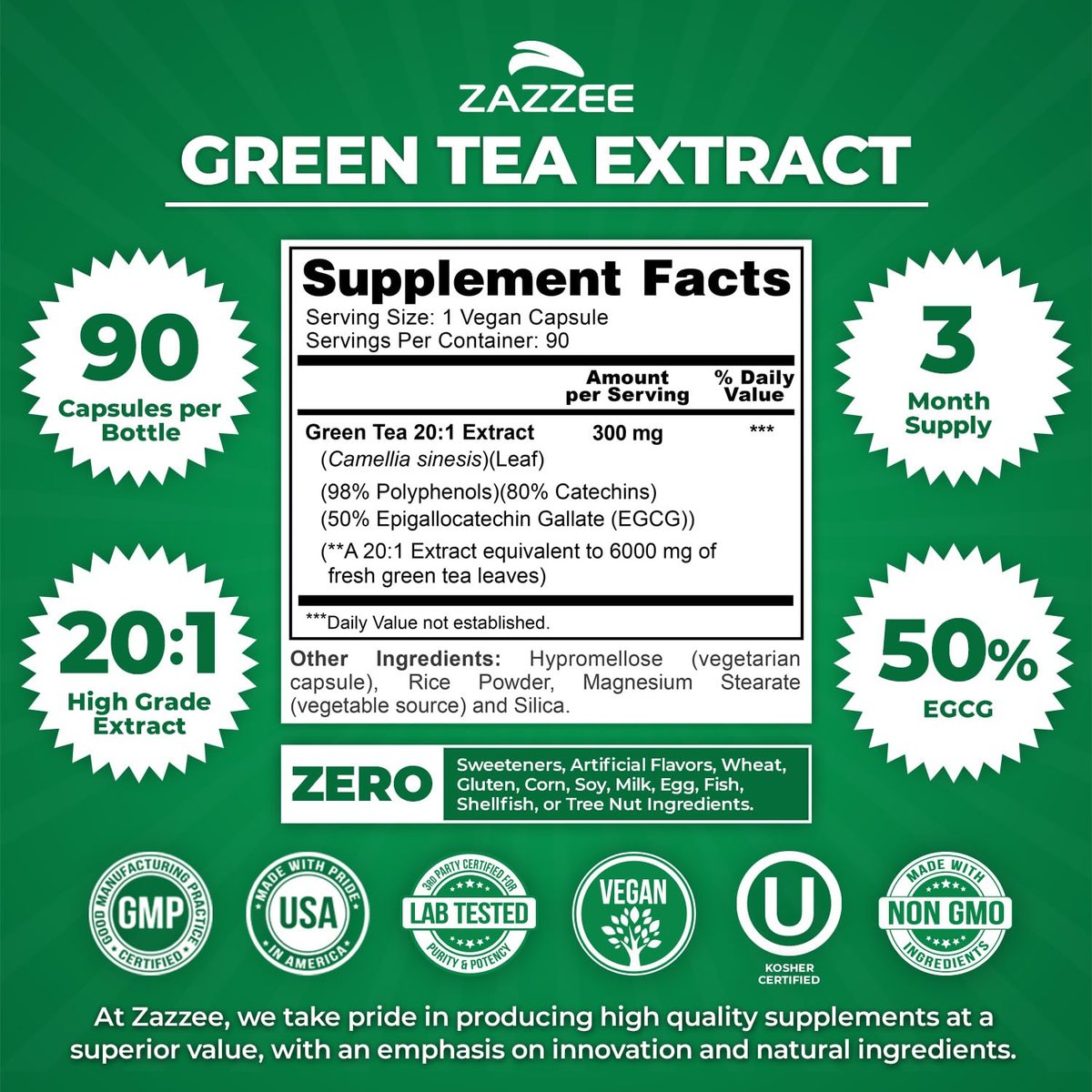 Zazzee Extra Stark Grüntee 20:1 Extrakt, 50% EGCG, 98% Polyphenole, 80% Catechine, 90 vegane Kapseln, 3-Monats-Vorrat, zertifiziert koscher, Antioxidans & Stoffwechselunterstützung, Nicht-GVO, Hergestellt in den USA