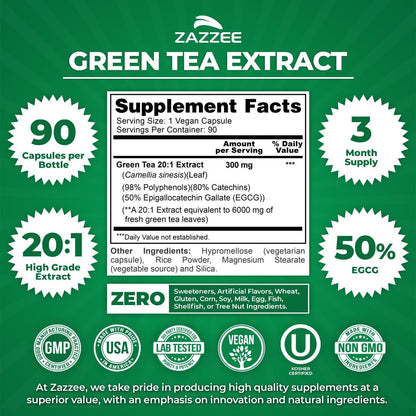 Zazzee Extra Stark Grüntee 20:1 Extrakt, 50% EGCG, 98% Polyphenole, 80% Catechine, 90 vegane Kapseln, 3-Monats-Vorrat, zertifiziert koscher, Antioxidans & Stoffwechselunterstützung, Nicht-GVO, Hergestellt in den USA