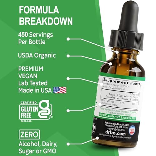 Jod Flüssigtropfen Kaliumjodid - 1-Jahresvorrat Reine Klare Organische Jodtropfen Ergänzung Plus Schilddrüsenunterstützung - Organische Kaliumjodid Flüssige Ergänzung Tinktur Schilddrüsenpräparate 1 Fl Oz