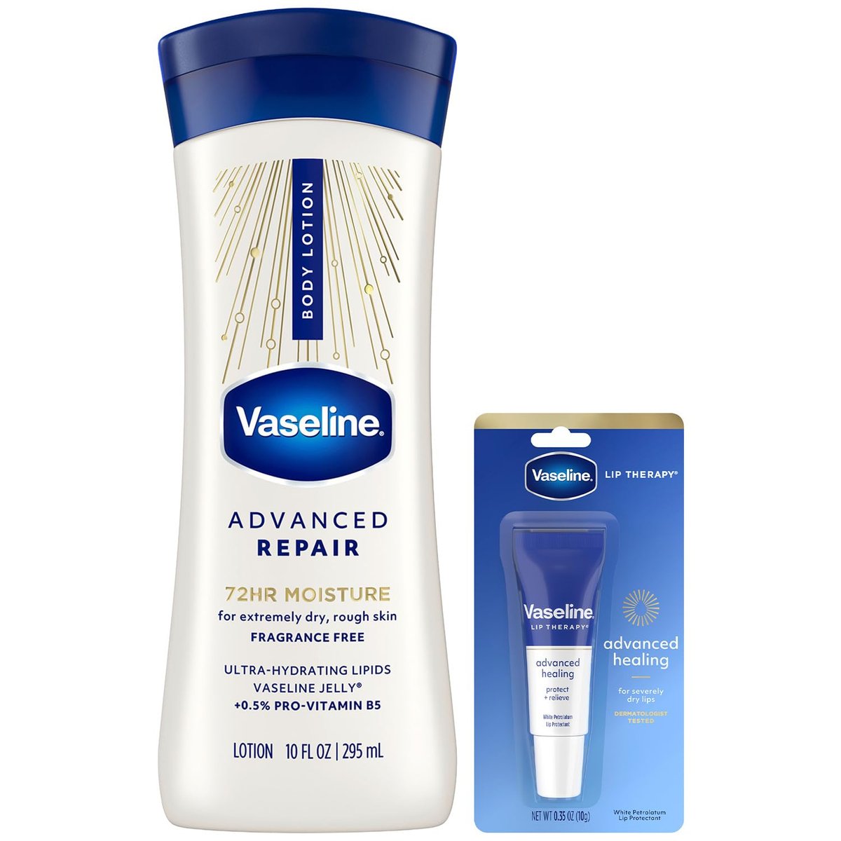 Vaseline Intensive Care Lotion, Duftneutral, Advanced Repair – Nicht fettende Feuchtigkeitspflege für extrem trockene Haut + Professionelle Lippenpflege Tube
