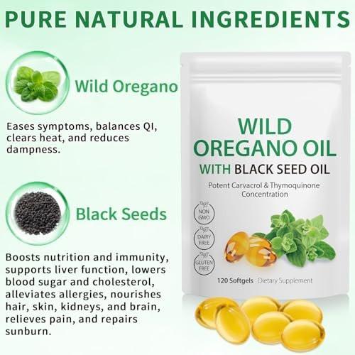 Oregano-Öl mit Schwarzkümmelöl, 6000 mg Oregano-Öl Kapseln Bio, Oregano-Ergänzung Kapseln, Natürliche Antioxidantien, Nicht-GVO, Glutenfrei, 120 Weichkapseln
