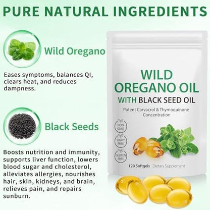 Oregano-Öl mit Schwarzkümmelöl, 6000 mg Oregano-Öl Kapseln Bio, Oregano-Ergänzung Kapseln, Natürliche Antioxidantien, Nicht-GVO, Glutenfrei, 120 Weichkapseln