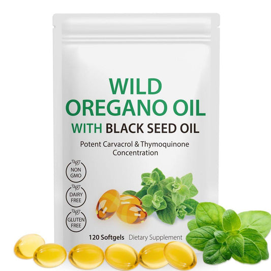 Oregano-Öl mit Schwarzkümmelöl, 6000 mg Oregano-Öl Kapseln Bio, Oregano-Ergänzung Kapseln, Natürliche Antioxidantien, Nicht-GVO, Glutenfrei, 120 Weichkapseln