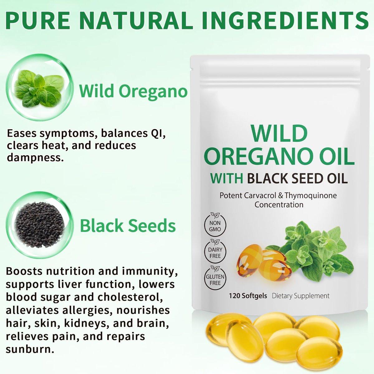 Oregano-Öl mit Schwarzkümmelöl, 6000 mg Oregano-Öl Kapseln Bio, Oregano-Ergänzung Kapseln, Natürliche Antioxidantien, Nicht-GVO, Glutenfrei, 120 Weichkapseln