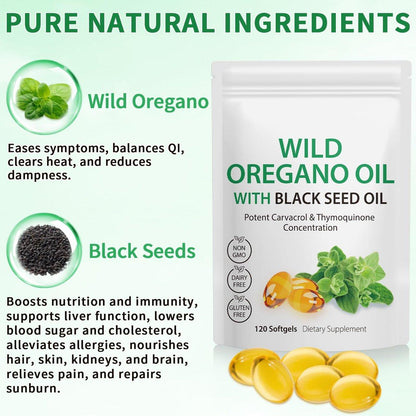 Oregano-Öl mit Schwarzkümmelöl, 6000 mg Oregano-Öl Kapseln Bio, Oregano-Ergänzung Kapseln, Natürliche Antioxidantien, Nicht-GVO, Glutenfrei, 120 Weichkapseln