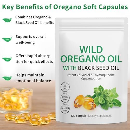 Oregano-Öl Weichkapseln, 120 Kapseln, 165 mg Carvacrol, 2-in-1 Oreganoöl mit Schwarzkümmelöl 200 mg, Oreganoöl Nahrungsergänzungsmittel