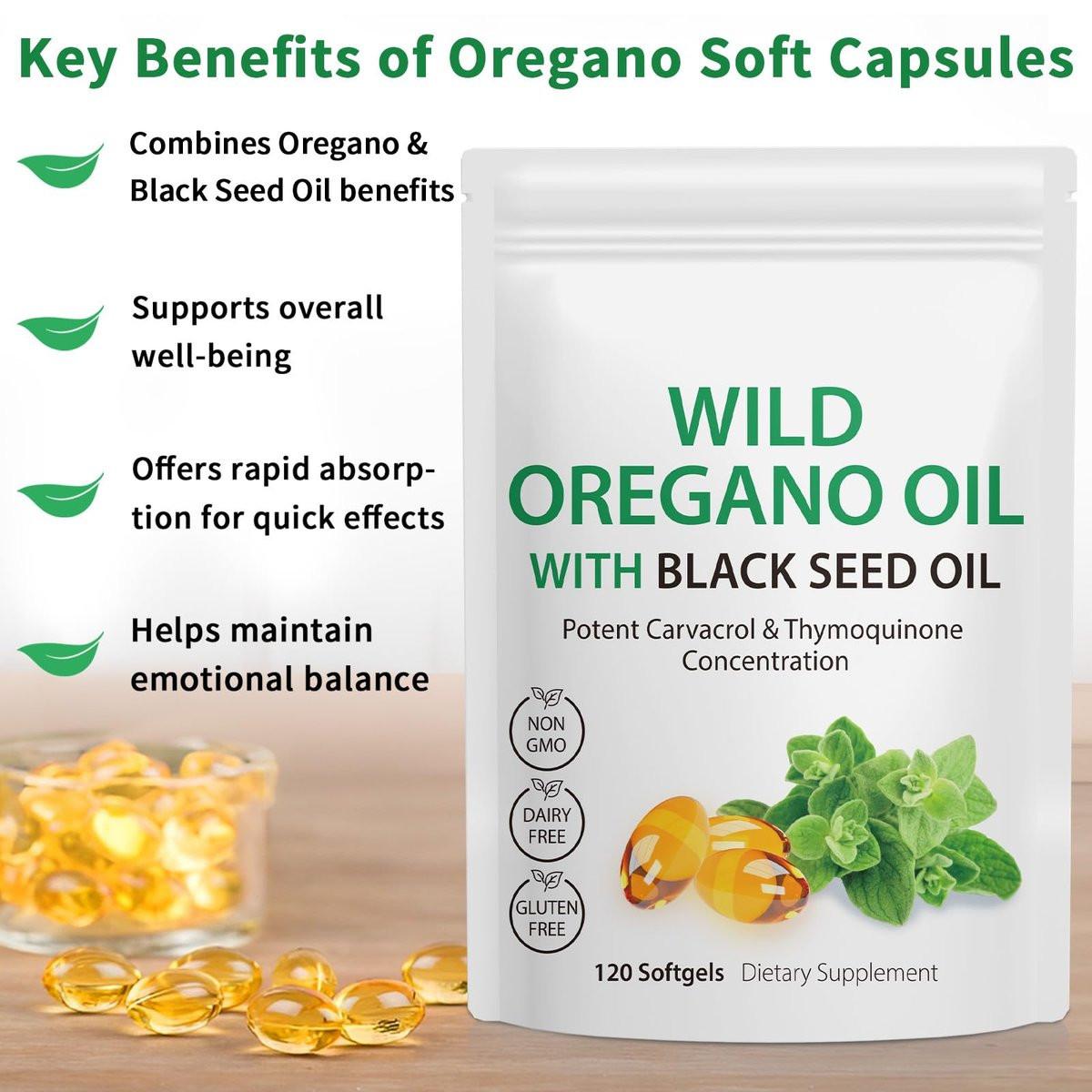 Oregano-Öl mit Schwarzkümmelöl, 6000 mg Oregano-Öl Kapseln Bio, Oregano-Ergänzung Kapseln, Natürliche Antioxidantien, Nicht-GVO, Glutenfrei, 120 Weichkapseln