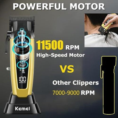 KEMEI 90-4 Professioneller Haarschneider für Herren – 11500 RPM, LED-Display, DLC-Klinge, 2000 mAh, kabellos, mit Ladestation