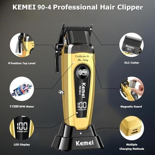 KEMEI 90-4 Professioneller Haarschneider für Herren – 11500 RPM, LED-Display, DLC-Klinge, 2000 mAh, kabellos, mit Ladestation