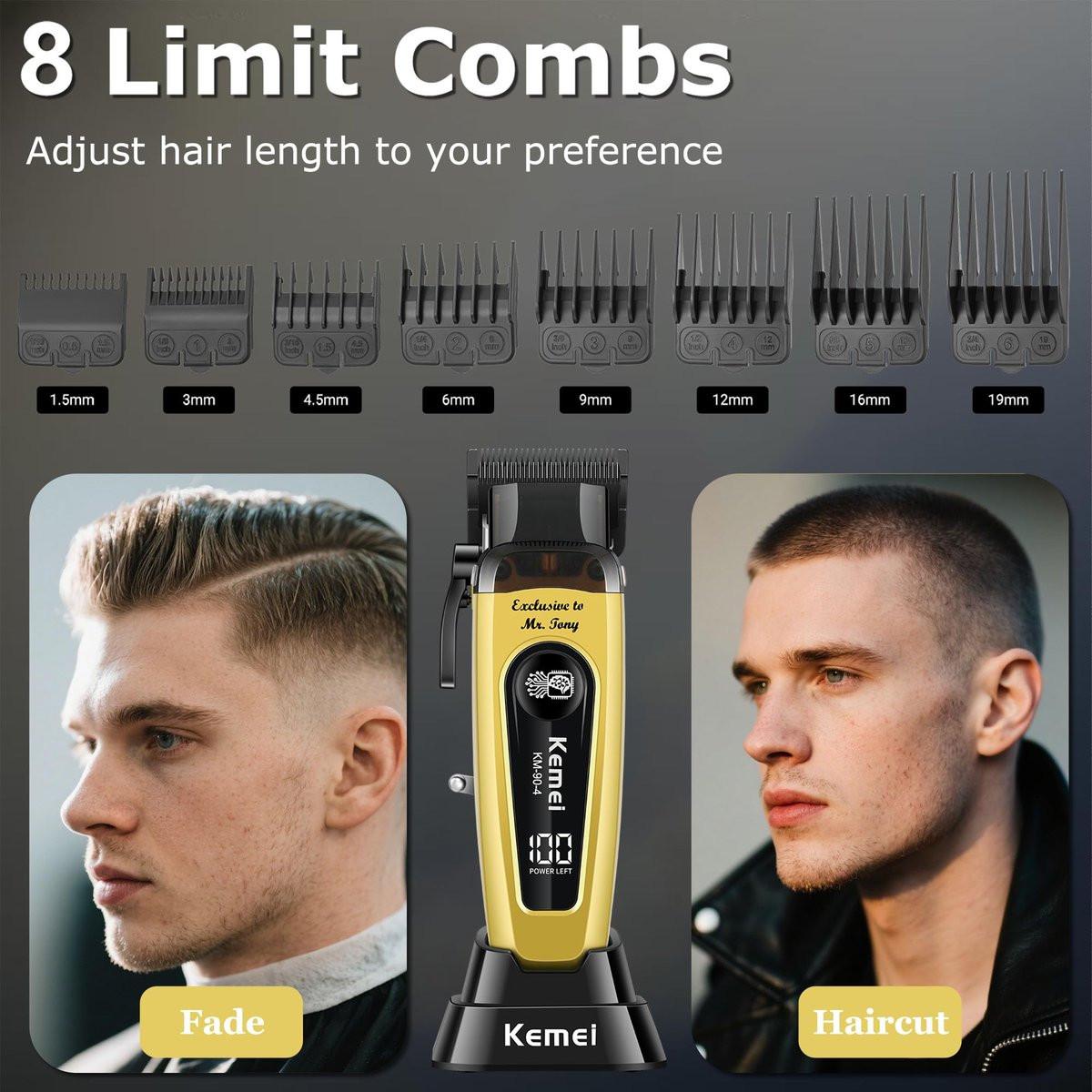 KEMEI 90-4 Professioneller Haarschneider für Herren – 11500 RPM, LED-Display, DLC-Klinge, 2000 mAh, kabellos, mit Ladestation