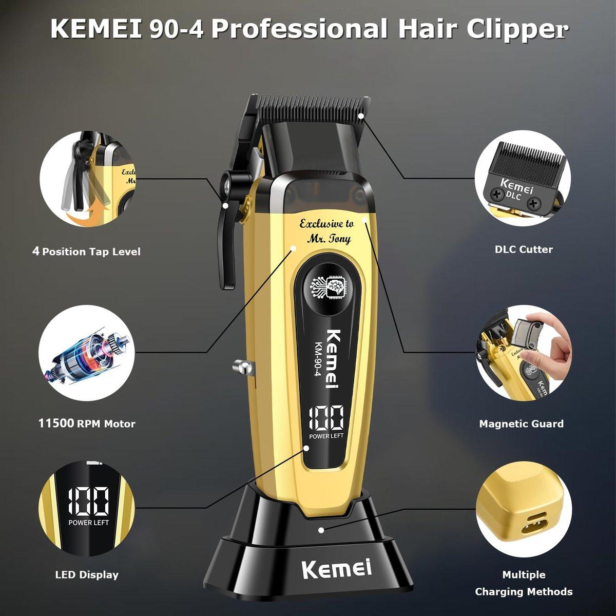 KEMEI 90-4 Professioneller Haarschneider für Herren – 11500 RPM, LED-Display, DLC-Klinge, 2000 mAh, kabellos, mit Ladestation