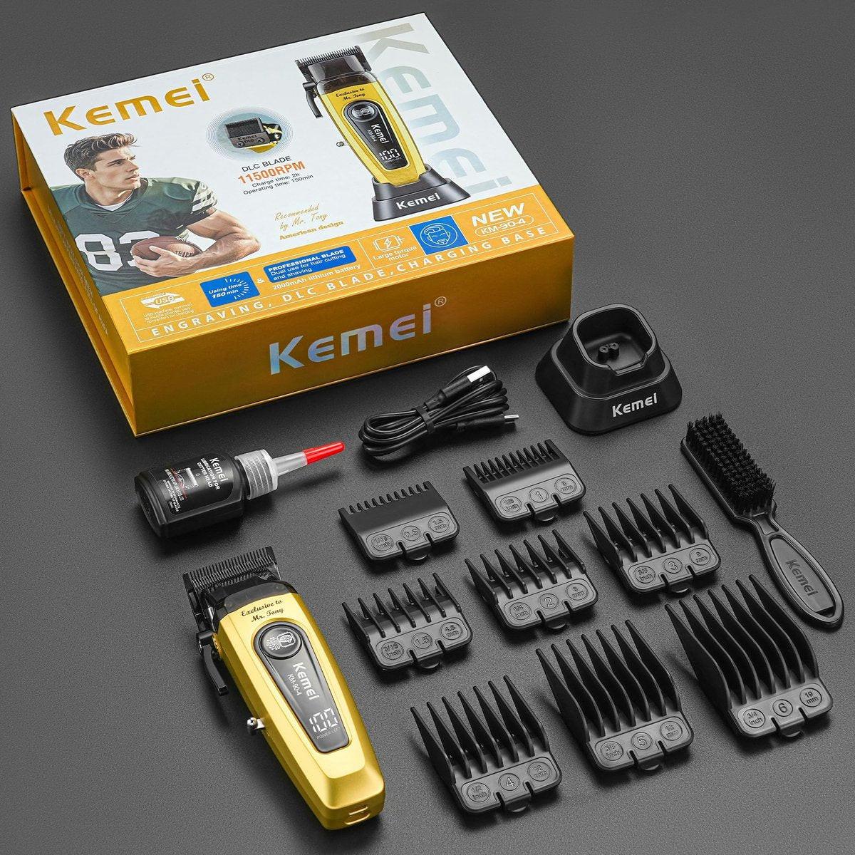 KEMEI 90-4 Professioneller Haarschneider für Herren – 11500 RPM, LED-Display, DLC-Klinge, 2000 mAh, kabellos, mit Ladestation