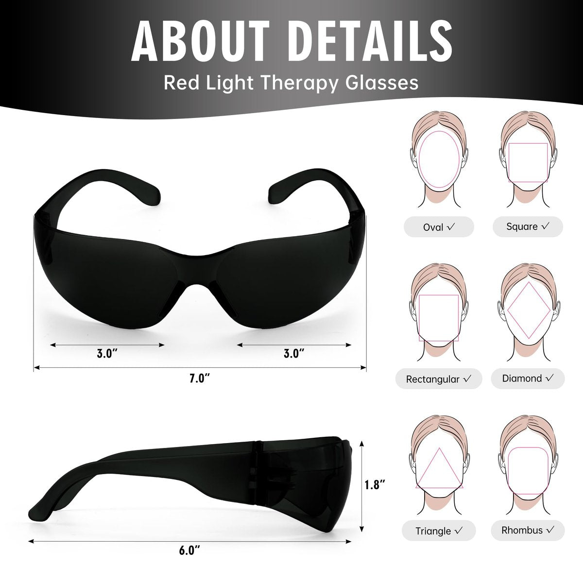Rotlicht-Therapie-Brille – Augenschutz für IPL-, Laser- und Bräunungsgeräte (Schwarz, Polycarbonat)