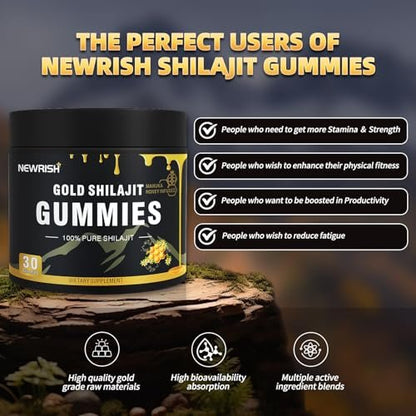 Newrish Shilajit Gummies mit Manuka Honig – Himalaya Shilajit, Ashwagandha, Gokshura, Fulvinsäure & 85+ Spurenelemente – 100% natürlich & bio – ohne Zuckerzusatz – 30 Gummis für Männer & Frauen