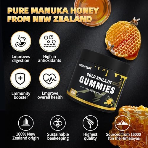 Newrish Shilajit Gummies mit Manuka Honig – Himalaya Shilajit, Ashwagandha, Gokshura, Fulvinsäure & 85+ Spurenelemente – 100% natürlich & bio – ohne Zuckerzusatz – 30 Gummis für Männer & Frauen