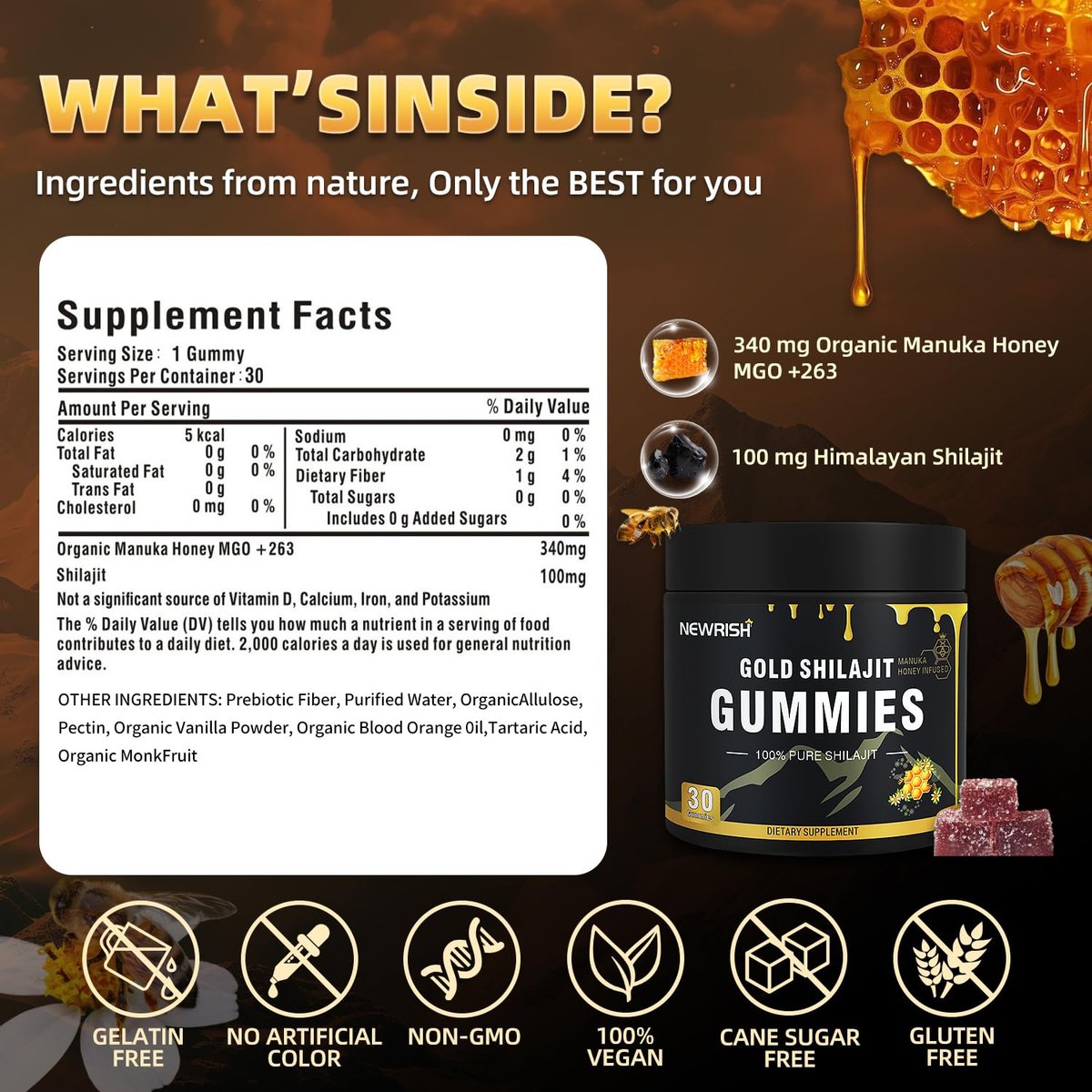Newrish Shilajit Gummies mit Manuka Honig – Himalaya Shilajit, Ashwagandha, Gokshura, Fulvinsäure & 85+ Spurenelemente – 100% natürlich & bio – ohne Zuckerzusatz – 30 Gummis für Männer & Frauen