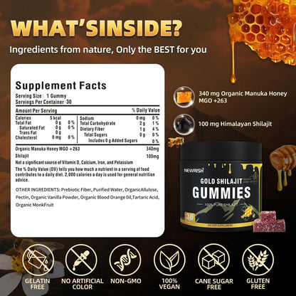 Newrish Shilajit Gummies mit Manuka Honig – Himalaya Shilajit, Ashwagandha, Gokshura, Fulvinsäure & 85+ Spurenelemente – 100% natürlich & bio – ohne Zuckerzusatz – 30 Gummis für Männer & Frauen