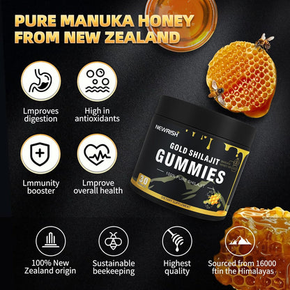 Newrish Shilajit Gummies mit Manuka Honig – Himalaya Shilajit, Ashwagandha, Gokshura, Fulvinsäure & 85+ Spurenelemente – 100% natürlich & bio – ohne Zuckerzusatz – 30 Gummis für Männer & Frauen