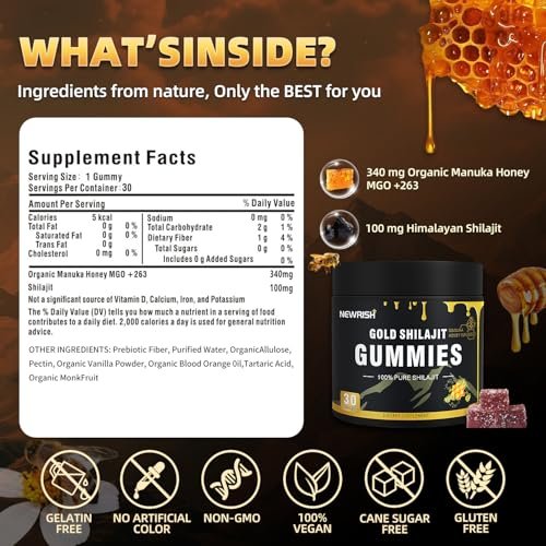 Newrish Shilajit Gummies mit Manuka Honig – Himalaya Shilajit, Ashwagandha, Gokshura, Fulvinsäure & 85+ Spurenelemente – 100% natürlich & bio – ohne Zuckerzusatz – 30 Gummis für Männer & Frauen