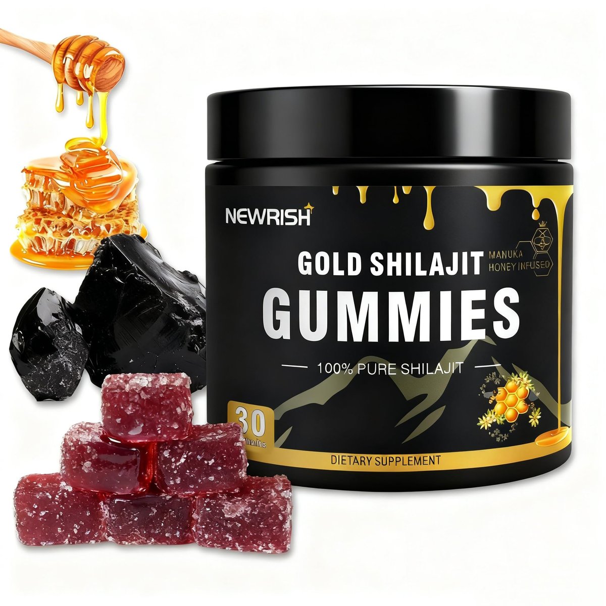 Newrish Shilajit Gummies mit Manuka Honig – Himalaya Shilajit, Ashwagandha, Gokshura, Fulvinsäure & 85+ Spurenelemente – 100% natürlich & bio – ohne Zuckerzusatz – 30 Gummis für Männer & Frauen