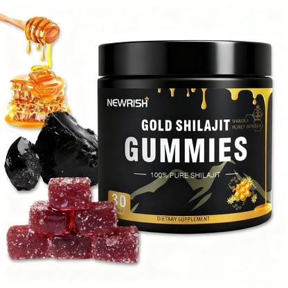 Newrish Shilajit Gummies mit Manuka Honig – Himalaya Shilajit, Ashwagandha, Gokshura, Fulvinsäure & 85+ Spurenelemente – 100% natürlich & bio – ohne Zuckerzusatz – 30 Gummis für Männer & Frauen