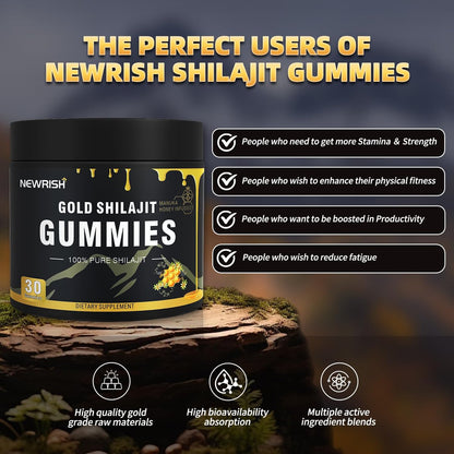 Newrish Shilajit Gummies mit Manuka Honig – Himalaya Shilajit, Ashwagandha, Gokshura, Fulvinsäure & 85+ Spurenelemente – 100% natürlich & bio – ohne Zuckerzusatz – 30 Gummis für Männer & Frauen