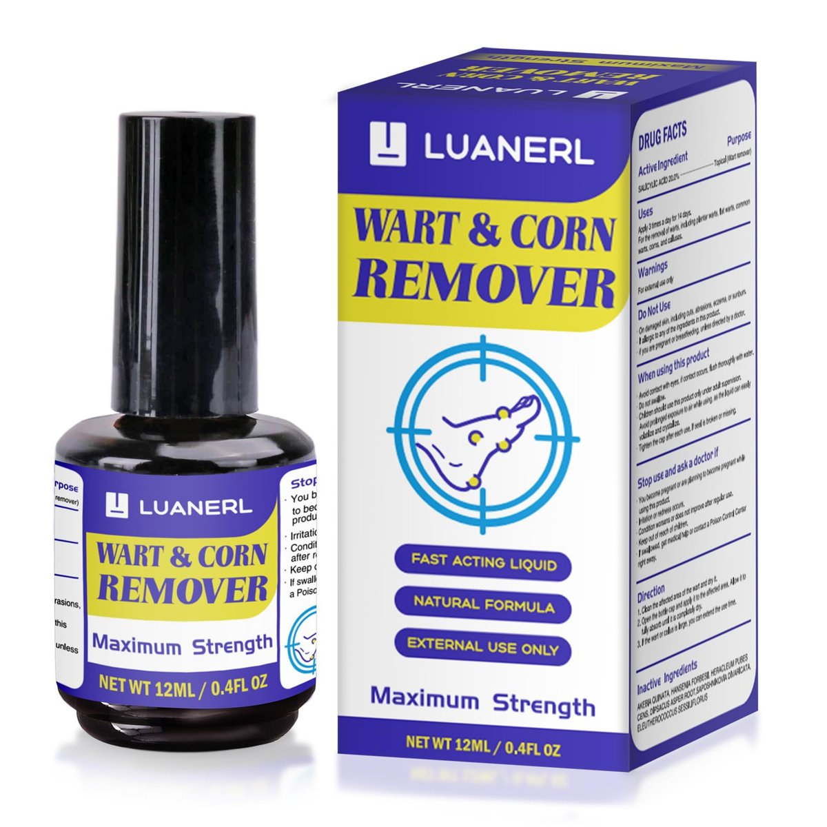 luanerl Warzen- & Hühneraugenentferner, 20 % Salicylsäure mit natürlicher Formel, maximale Stärke, schnell wirkend gegen Warzen, Dornwarzen, Genitalwarzen, gewöhnliche Warzen, Hornhaut – 0,4 fl oz (12 ml)
