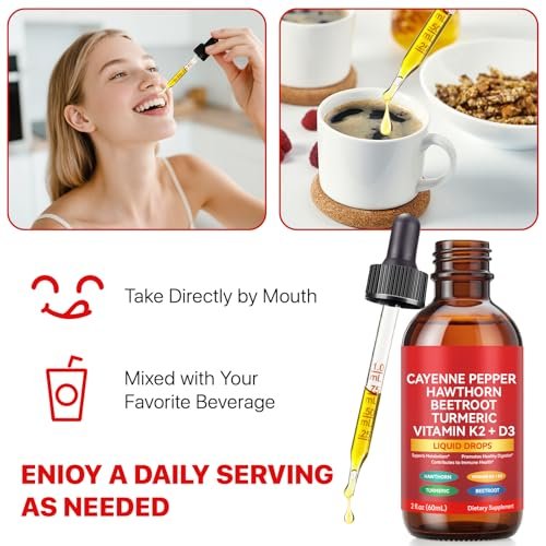 Cayenne Pfeffer Tropfen – Bio Cayenne Liquid, Herz-Kreislauf-Unterstützung mit Weißdorn, Rote Bete, Kurkuma, Vitamin K2 & D3 – Vegan – 60 ml
