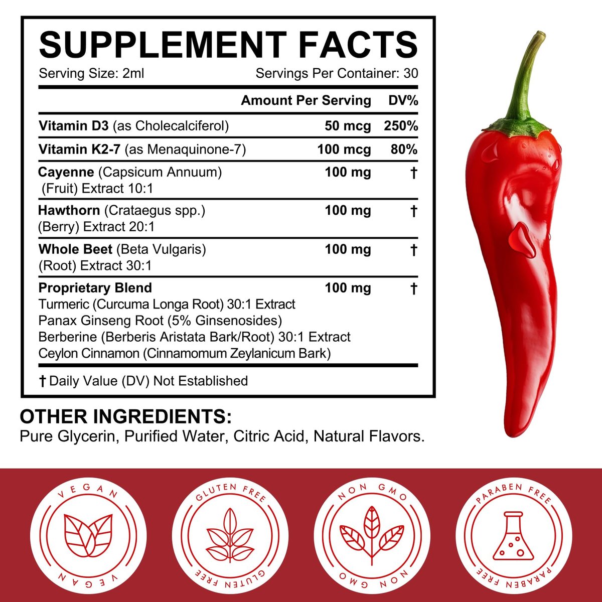 Cayenne Pfeffer Tropfen – Bio Cayenne Liquid, Herz-Kreislauf-Unterstützung mit Weißdorn, Rote Bete, Kurkuma, Vitamin K2 & D3 – Vegan – 60 ml