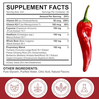 Cayenne Pfeffer Tropfen, Cayenne Pfeffer Weißdorn Rote Bete Kurkuma Vitamin K2 & D3 Flüssig Nahrungsergänzung, 2er-Pack