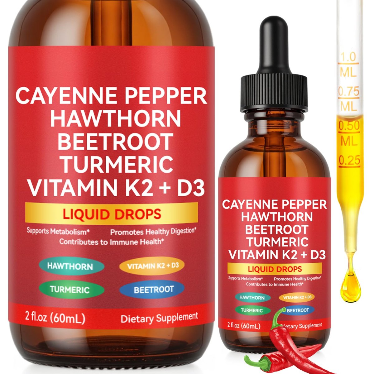 Cayenne Pfeffer Tropfen – Bio Cayenne Liquid, Herz-Kreislauf-Unterstützung mit Weißdorn, Rote Bete, Kurkuma, Vitamin K2 & D3 – Vegan – 60 ml