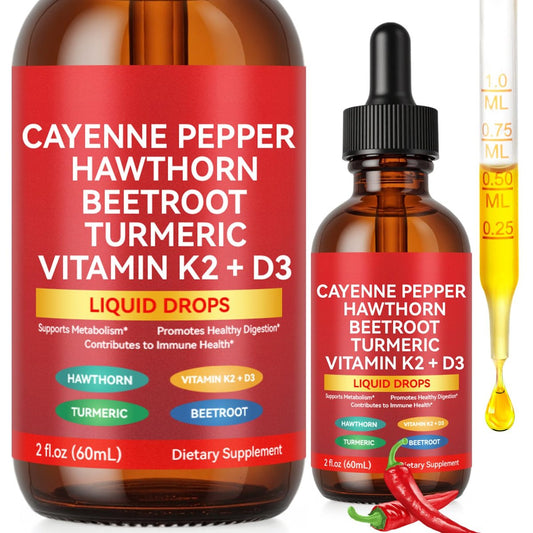 Cayenne Pfeffer Tropfen – Bio Cayenne Liquid, Herz-Kreislauf-Unterstützung mit Weißdorn, Rote Bete, Kurkuma, Vitamin K2 & D3 – Vegan – 60 ml